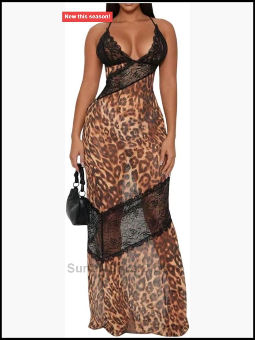 Floerns Women's Cheetah Lace See Through Bodycon Maxi Dress